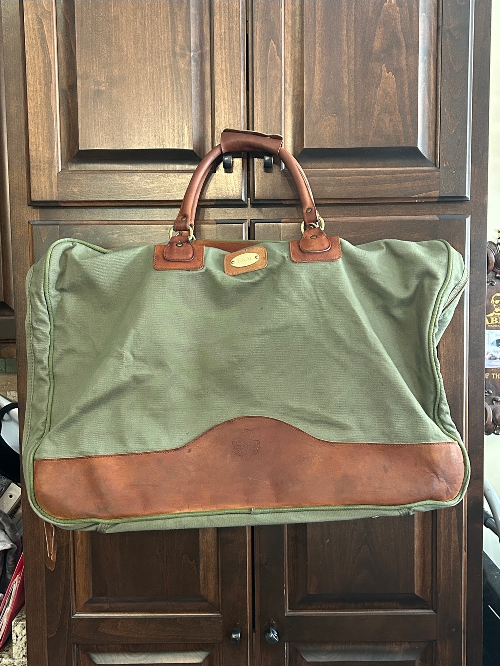 90’s RARE GOKEY Classic Olive Canvas & Brown Leather Weekender Garment Bag 28”